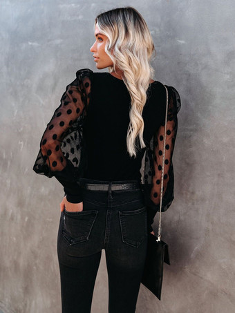 Blouse Haut Sexy Chemisier Courte Femme à Col Carré avec Manches Longues Amples Unicolore