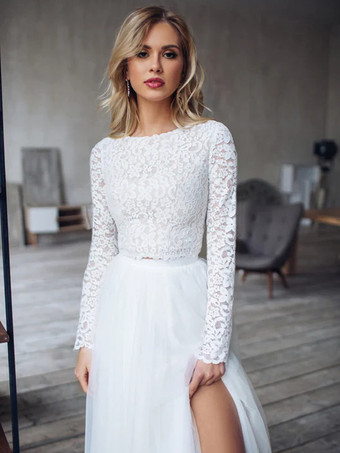 アイボリー ツーピース ウェディングドレス レース レース ジュエルネック Aライン トレーン付き 長袖 ブライダルドレス