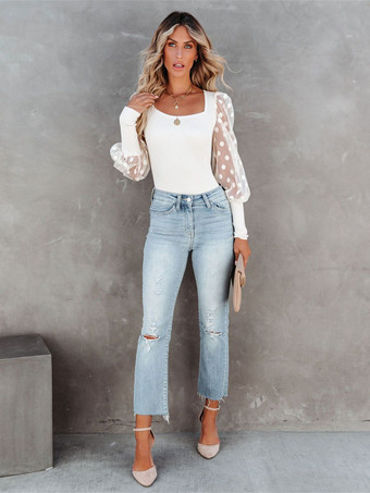 Blouse Haut Sexy Chemisier Courte Femme à Col Carré avec Manches Longues Amples Unicolore