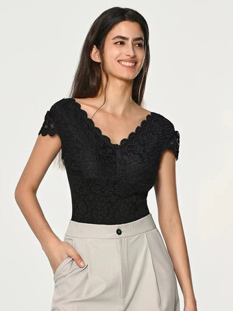 ブラック ボディスーツ ホワイト レース ポリエステル トップス 女性用