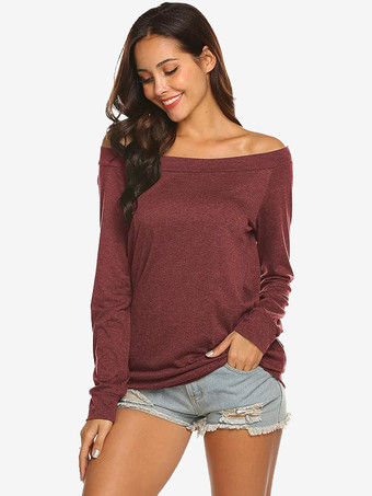 Blusa de mujer Borgoña Manga larga Mezcla de algodón Cuello barco Camiseta informal