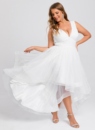 ショートウェディングドレス 足首丈 Vネック ノースリーブ Aライン チュール ブライダルガウン