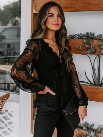 Lace Blouses For Women Black White Sexy V-Neck Long Sleeves Tops