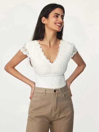 ボディスーツ ホワイト レース ポリエステル トップス 女性用