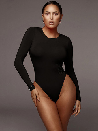ブラック ボディスーツライトアプリコットロングスリーブパイピングストレッチノッチネックラインセクシーコットントップス女性用