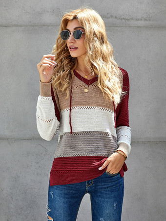 バーガンディー女性のプルオーバーセーターグレーフード付き長袖巾着セーター