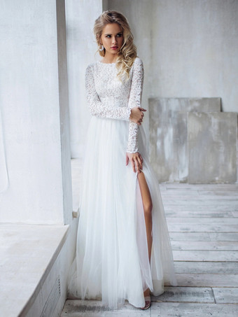 アイボリー ツーピース ウェディングドレス レース レース ジュエルネック Aライン トレーン付き 長袖 ブライダルドレス