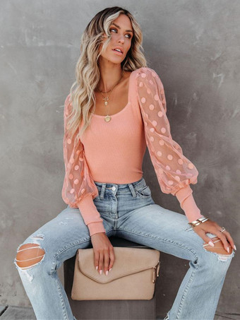 Blouse Haut Sexy Chemisier Courte Femme à Col Carré avec Manches Longues Amples Unicolore