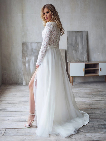 アイボリー ツーピース ウェディングドレス レース レース ジュエルネック Aライン トレーン付き 長袖 ブライダルドレス