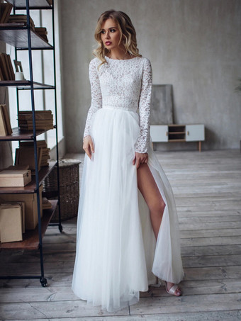 アイボリー ツーピース ウェディングドレス レース レース ジュエルネック Aライン トレーン付き 長袖 ブライダルドレス