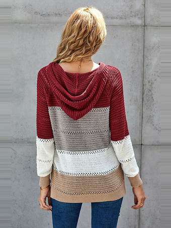 女性のプルオーバーセーターグレーフード付き長袖巾着セーター