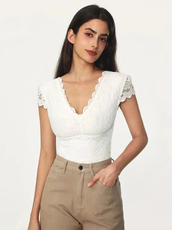 ボディスーツ ホワイト レース ポリエステル トップス 女性用