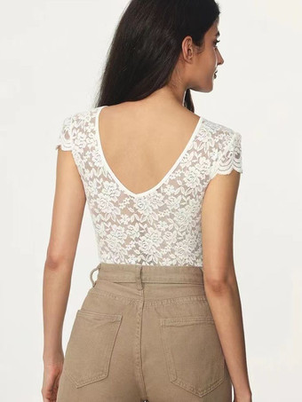 ボディスーツ ホワイト レース ポリエステル トップス 女性用