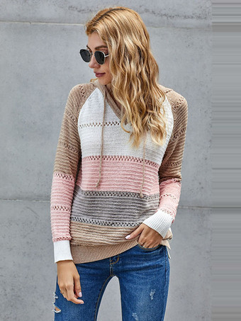 カーキ 女性のプルオーバーセーターグレーフード付き長袖巾着セーター