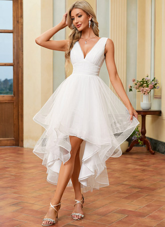 ショートウェディングドレス 足首丈 Vネック ノースリーブ Aライン チュール ブライダルガウン