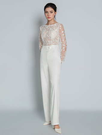ブライダルジャンプスーツ レース アンクル丈 ジュエルネック 長袖 アイボリー ブライダルドレス 無料カスタマイズ
