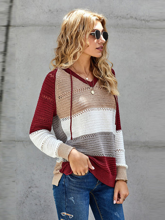 女性のプルオーバーセーターグレーフード付き長袖巾着セーター