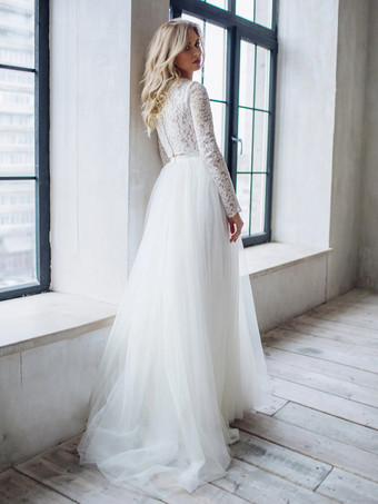 アイボリー ツーピース ウェディングドレス レース レース ジュエルネック Aライン トレーン付き 長袖 ブライダルドレス