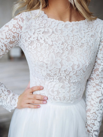 アイボリー ツーピース ウェディングドレス レース レース ジュエルネック Aライン トレーン付き 長袖 ブライダルドレス