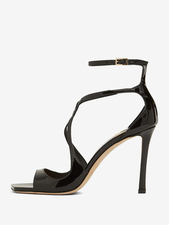 ハイヒールサンダルブラックパテントPUアッパーピープピープトウストラッププロムシューズリトルヒールパーティーシューズ