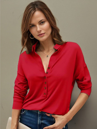 レッド 女性のためのブラウスブラックターンダウンカラーカジュアルボタンロングスリーブトップス