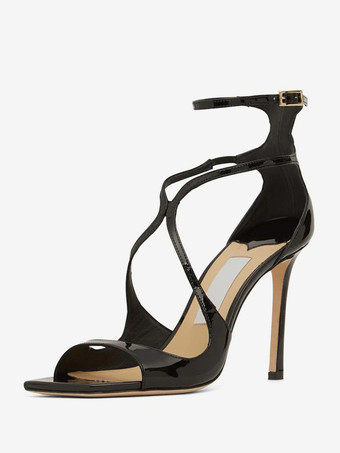 ハイヒールサンダルブラックパテントPUアッパーピープピープトウストラッププロムシューズリトルヒールパーティーシューズ