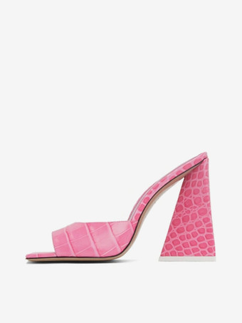 Pink Sexy Mules Women Square Open Toe Stone Pattern Chunky Heel Sandal Slides