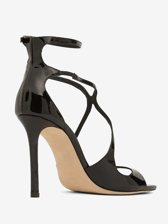 ハイヒールサンダルブラックパテントPUアッパーピープピープトウストラッププロムシューズリトルヒールパーティーシューズ