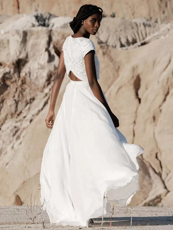 ツーピースウェディングドレス シフォン ジュエルネック ツーピース フロアレングス ジッパー 半袖 アイボリー