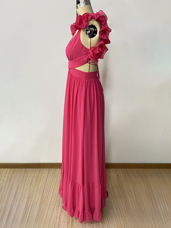 パーティードレス 3D フラワー ノースリーブ クロスオーバー バック バンデージ ティアード ロングドレス