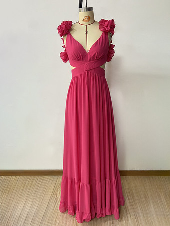 パーティードレス 3D フラワー ノースリーブ クロスオーバー バック バンデージ ティアード ロングドレス