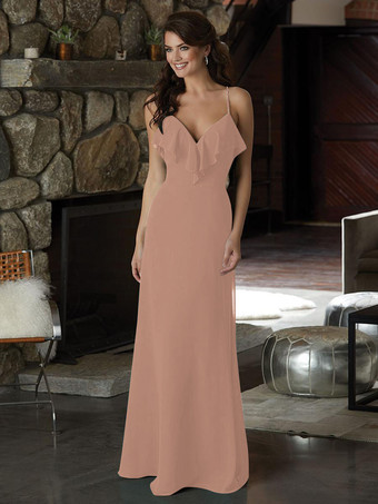 サーモンピンクブライドメイドドレス シフォン Aライン マキシレングス プロムドレス