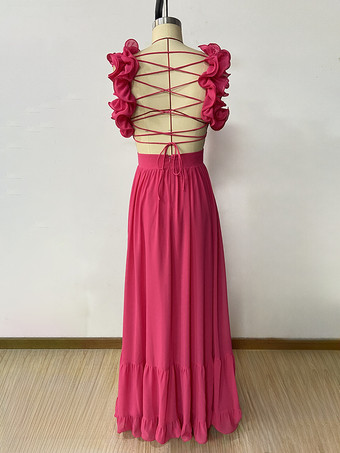 パーティードレス 3D フラワー ノースリーブ クロスオーバー バック バンデージ ティアード ロングドレス