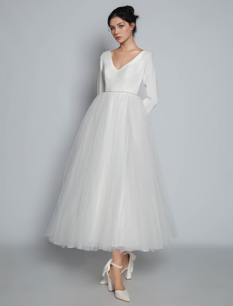 ショート ウェディングドレス 2025年 Vネック 長袖 Aライン マキシレングス ブライダルドレス 自由なカスタマイズ