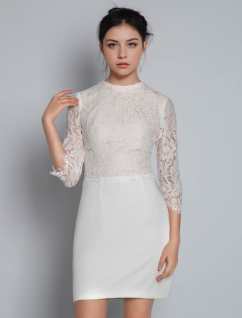 ホワイトエンゲージメントドレスジュエルネックハーフスリーブジッパーナチュラルウエストショートレースエンゲージメントドレス