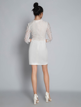 ホワイトエンゲージメントドレスジュエルネックハーフスリーブジッパーナチュラルウエストショートレースエンゲージメントドレス