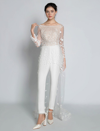 ホワイトのシンプルなウェディングジャンプスーツ ジュエルネック 長袖 レース Aライン ブライダルジャンプスーツ 無料カスタマイズ