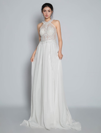 Boho Brautkleid Hippie-Braut elfenbeinfarbe Illusion Ausschnitt Chiffon ärmellos Boho Vintage Brautkleid