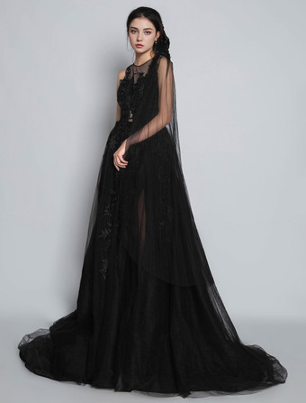 ブラックロイヤルウェディングドレスレースAラインノースリーブアップリケチャペルトレインブライダルドレス無料ベールと手袋無料カスタマイズ