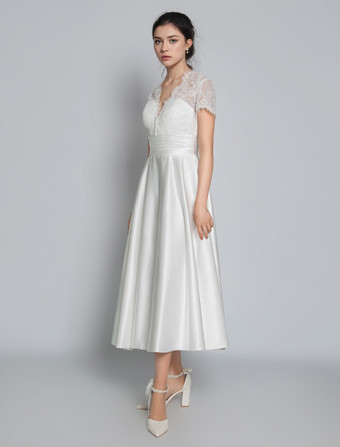 ショートウェディングドレス 2025年 Vネック 半袖 Aライン マキシレングス ブライダルドレス 自由なカスタマイズ