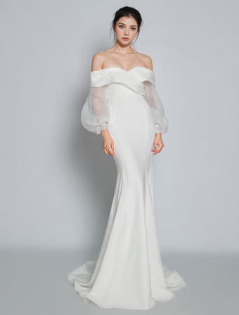 シンプルなウェディングドレスマーメイドVネックロングスリーブプリーツブライダルドレス