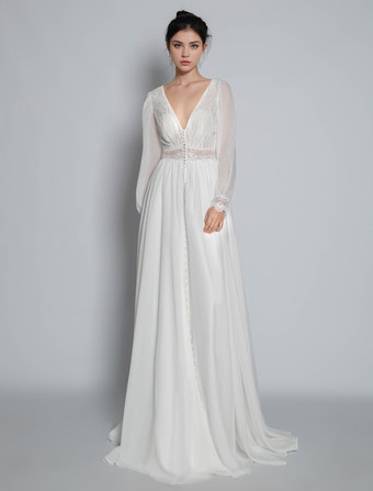 ホワイトベージュ ボヘミアン ウェディングドレス レース Aライン トレーン付き レイズドウエスト バックレス 長袖 Vネック ブライダルドレス 自由なカスタマイズ