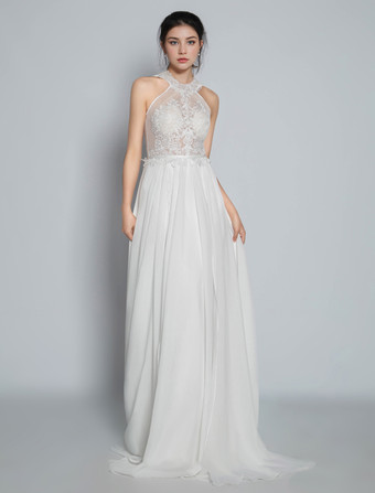 Boho Brautkleid Hippie-Braut elfenbeinfarbe Illusion Ausschnitt Chiffon ärmellos Boho Vintage Brautkleid