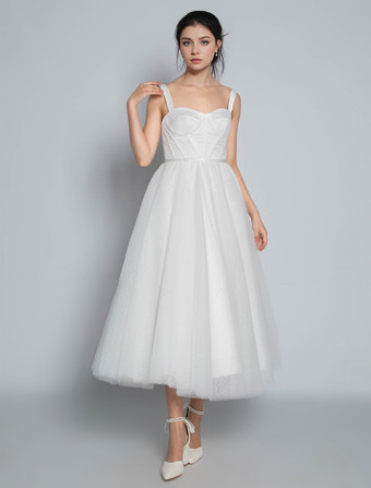 ホワイト ブライダル ショートドレス Aライン スイートハート パール スパゲッティストラップ ティーレングス ドレス 自由なカスタマイズ
