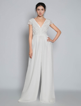 ホワイトアイボリーブライダルジャンプスーツ シフォンレース フロアレングス Aライン ジュエルネック 半袖 ブライダルジャンプスーツ 無料カスタマイズ