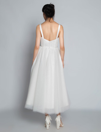 ホワイト ブライダル ショートドレス Aライン スイートハート パール スパゲッティストラップ ティーレングス ドレス 自由なカスタマイズ