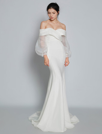 シンプルなウェディングドレスマーメイドVネックロングスリーブプリーツブライダルドレス