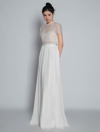 アイボリー ツーピース ウェディングドレス レース ジュエルネック Aライン トレーン付き 半袖 ブライダルドレス