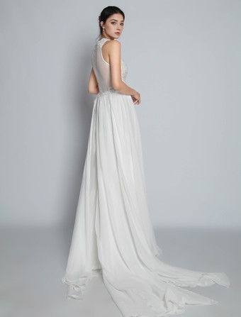 Boho Brautkleid Hippie-Braut elfenbeinfarbe Illusion Ausschnitt Chiffon ärmellos Boho Vintage Brautkleid