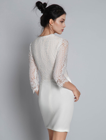 ホワイトエンゲージメントドレスジュエルネックハーフスリーブジッパーナチュラルウエストショートレースエンゲージメントドレス